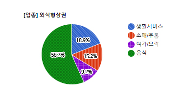 정자1동 카페거리 업종별 분표현황 - 생활서비스 18.9%, 소매/유통 15.2%, 여가/오락 9%, 음식 56.7%