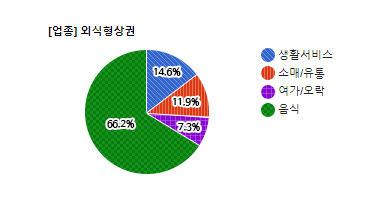 정자동 먹자골목 상권 업종별 분표현황 - 생활서비스 14.6%, 소매/유통 11.9%, 여가/오락 7.3%, 음식 66.2%